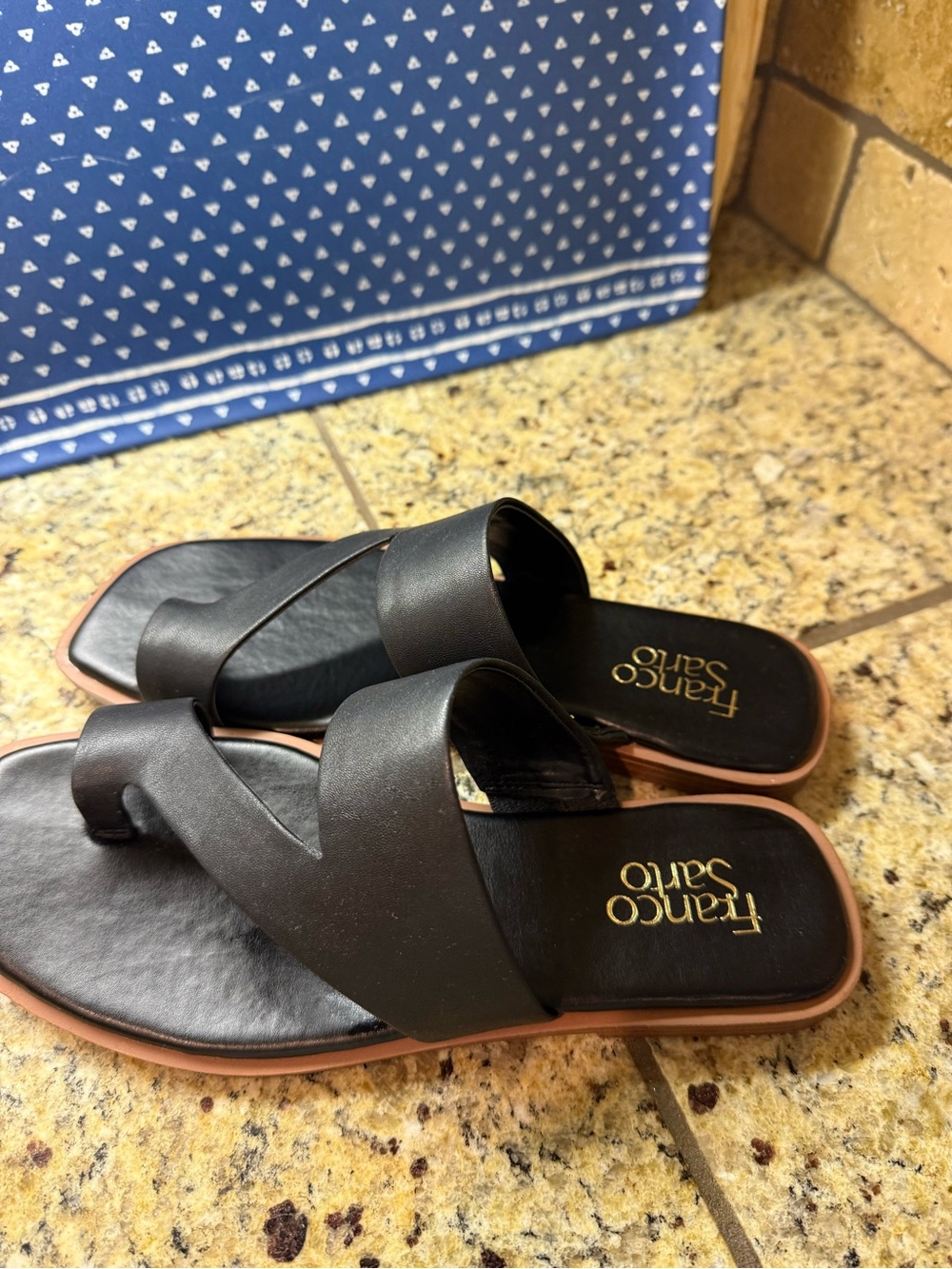 Franco Sarto Black Leather Slide Sandals with Tan Sole Edge